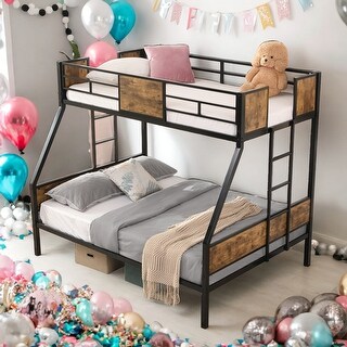 Twin Over Full Bunk Bed With 2 Side Ladder and Full-Length Guardrail For Home