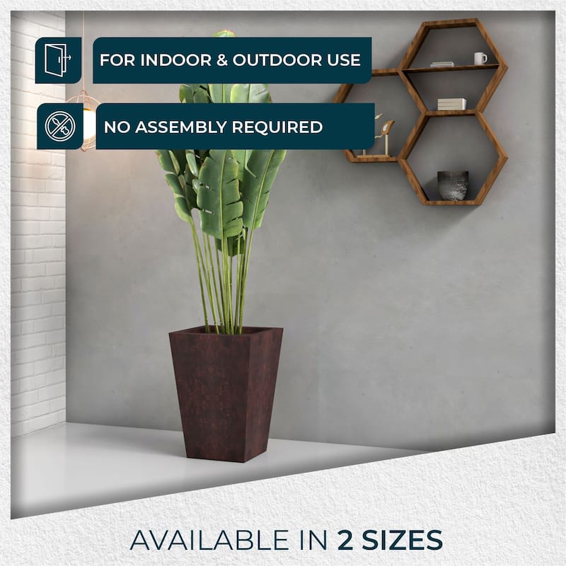 Serene Modern Square Tapered Fiberstone MGO Planter with Drainage Holes, Cover & Weather-Resistant Indoor Outdoor Plant Pot