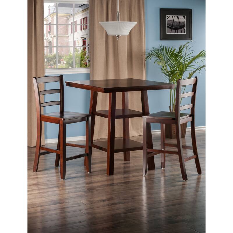 Set of 3 Walnut Finish Solid Wood High Table Ladder Back Stool Set 36"