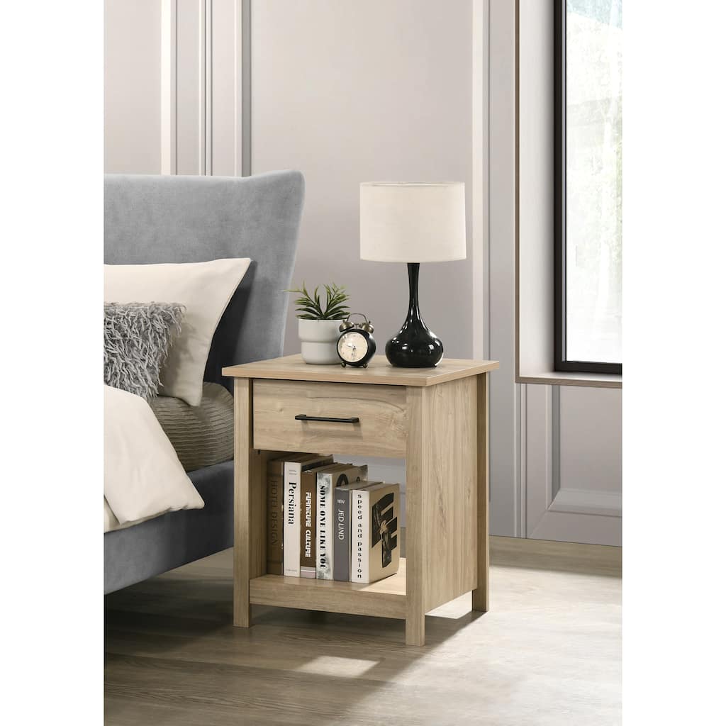 Light Oak Finish 1-Drawer Nightstand with Open Shelf and Black Metal Handles