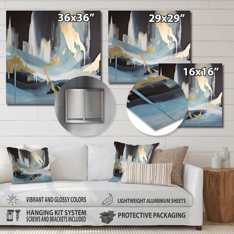 Designart "Gold And Blue Abstract Expression I" Abstract Metal Wall Art - Blue Metal Wall Décor Modern Metal Art Work