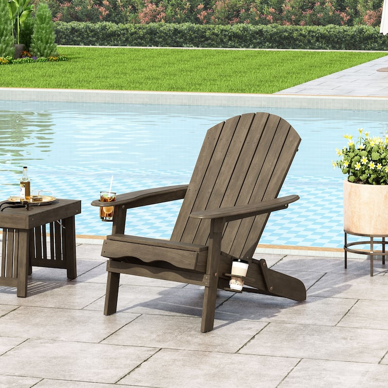 Roomfitters Adirondack Folding Patio Chair with Built-In Cup Holders, Weather-Resistant Outdoor Lounger - Natural
