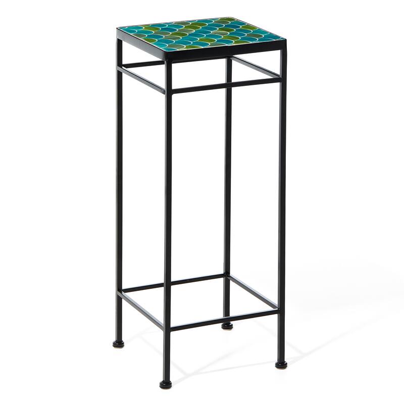 Glitzhome Set of 3 Metal Nesting Planter Stands Square Plant Holder with Green Pattern Ceramic Tiles Table Top