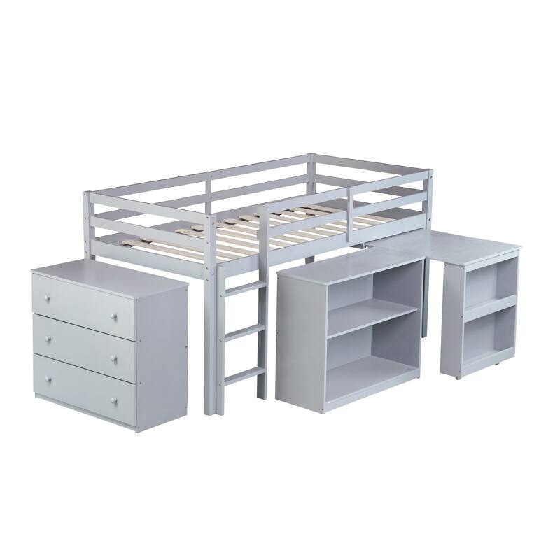 Twin Rubber Wood Loft Bed with Drawer Cabinet, Shelf,Pulling -Out Desk