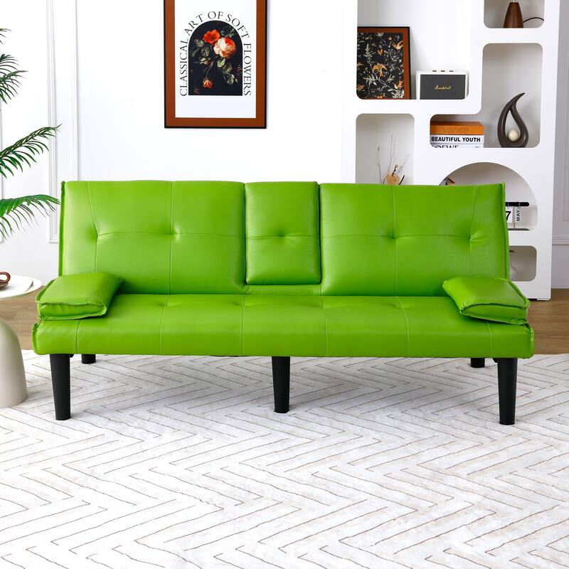 The 67-inch black PVC multi-functional sofa bed with a foldable and cup holder design