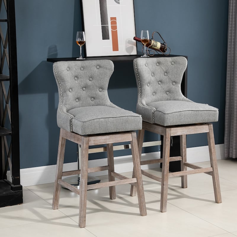 HOMCOM Upholstered Fabric Bar Height Bar Stools Set of 2, 180° Swivel Nailhead-Trim Pub Chairs, 30" Seat Height with Rubber Wood