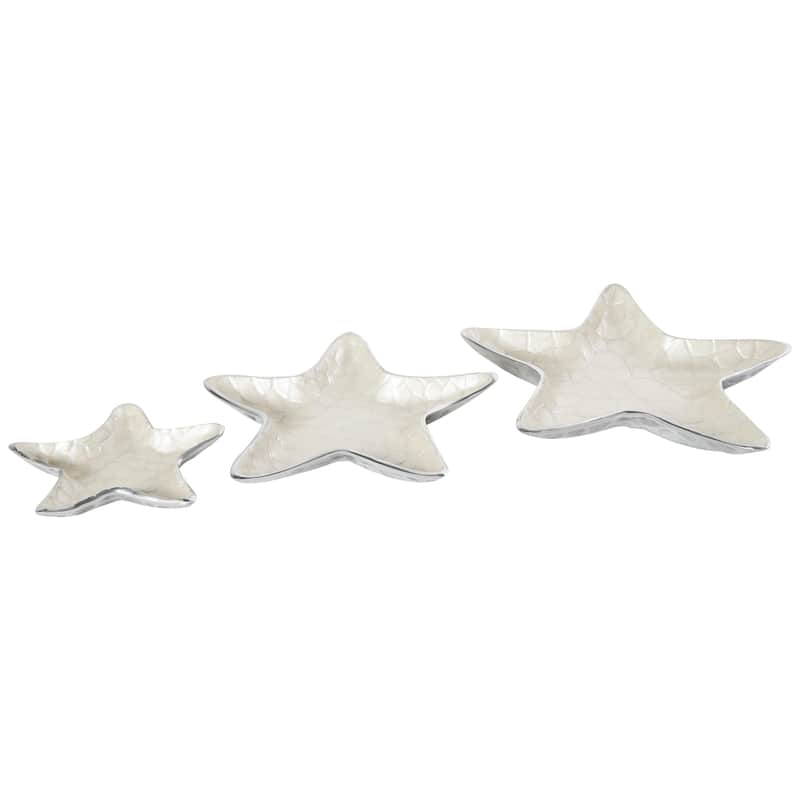 White or Teal Aluminum Metal Handmade Textured Enameled Starfish Decorative Bowl with Silver Base (Set of 3)