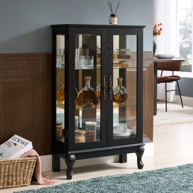 Curio Cabinet with Tempered Glass Doors, Lighted Display Cabinet with Mirrored Back Panel & Adjustable Shelves