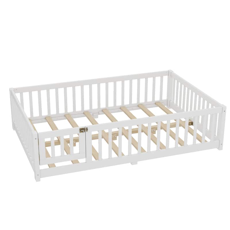 Montessori Toddler Floor Bed with Fence and Switchable Door, Low Profile Bed Frame with Removable Slats, Safe Transition Bed