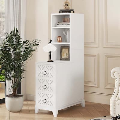 Elegant X-Carved End Table with 3 Drawers,2 Open Shelves,and Charging Station for Modern Bedrooms and Corners