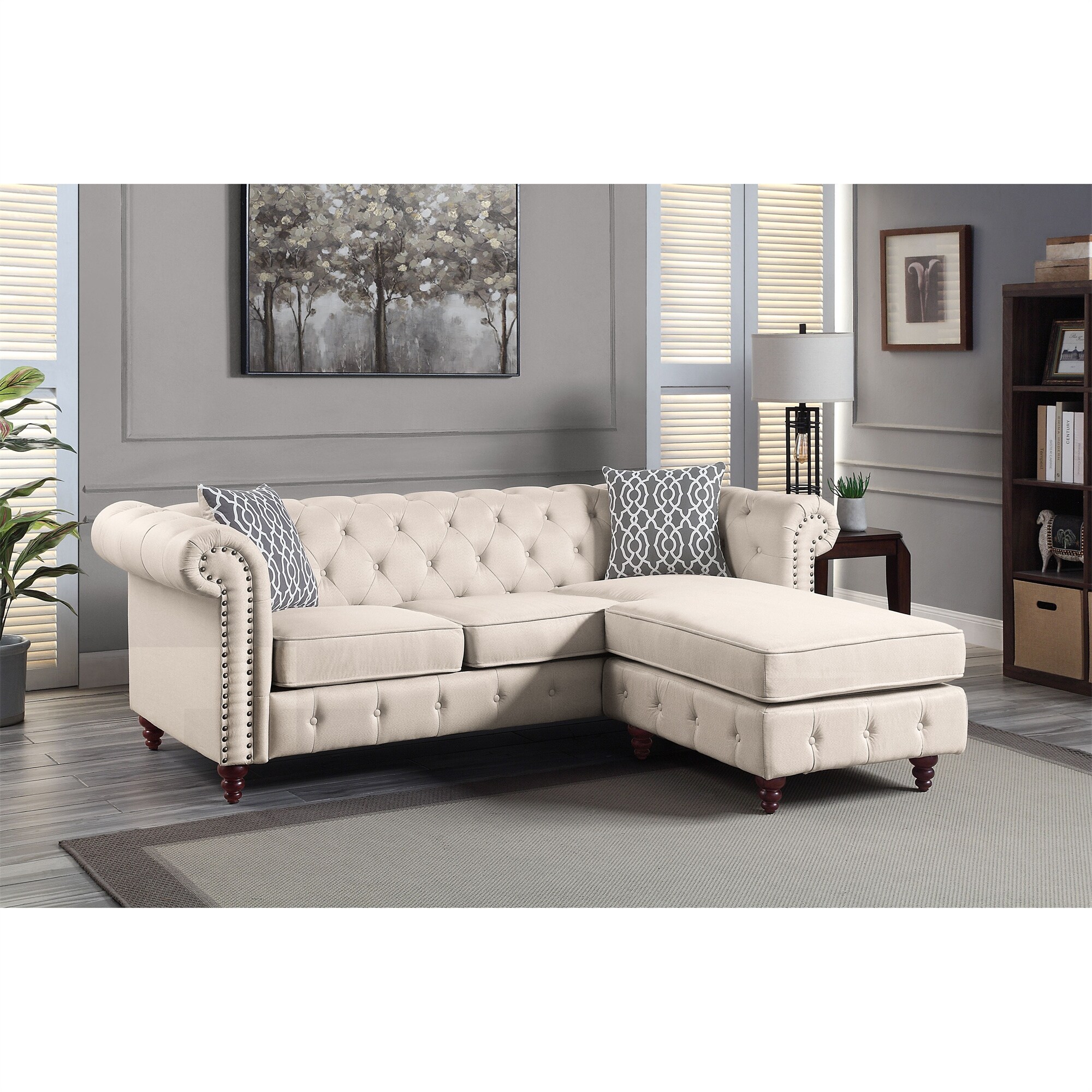 Sectional Sofa Fabric Reversible Sofa with 2 Pillows, Brown/Beige