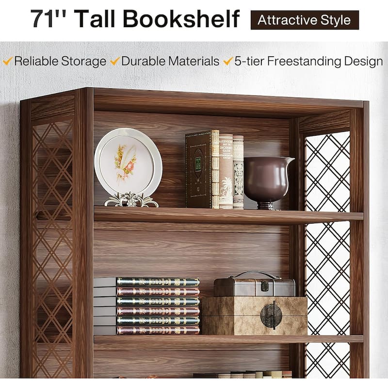 71 Inches Vintage Tall Bookcase, Floor Standing 5-Shelf Display Rack Storage Shelves