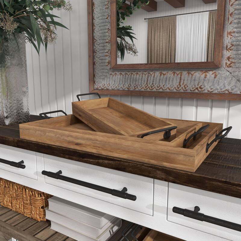 Brown Mango Wood Living Room Decor Tray with Slot Handles (Set of 3)