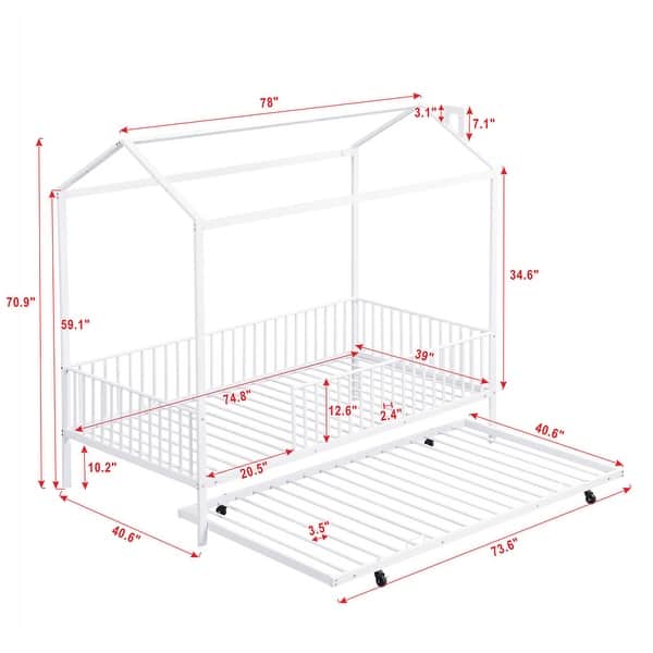 dimension image slide 0 of 2, Kids and Baby House-Shaped Metal Twin Size House Bed with Fence and Trundle