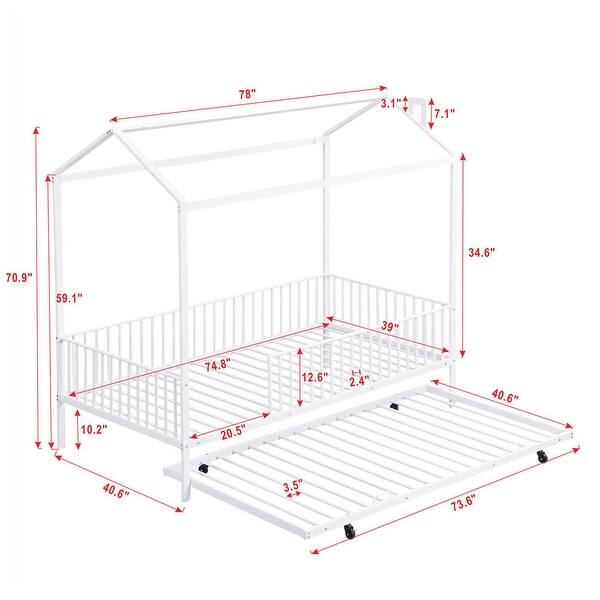 Twin Size House Bed with Semi-enclosed Fence and Twin Size Trundle