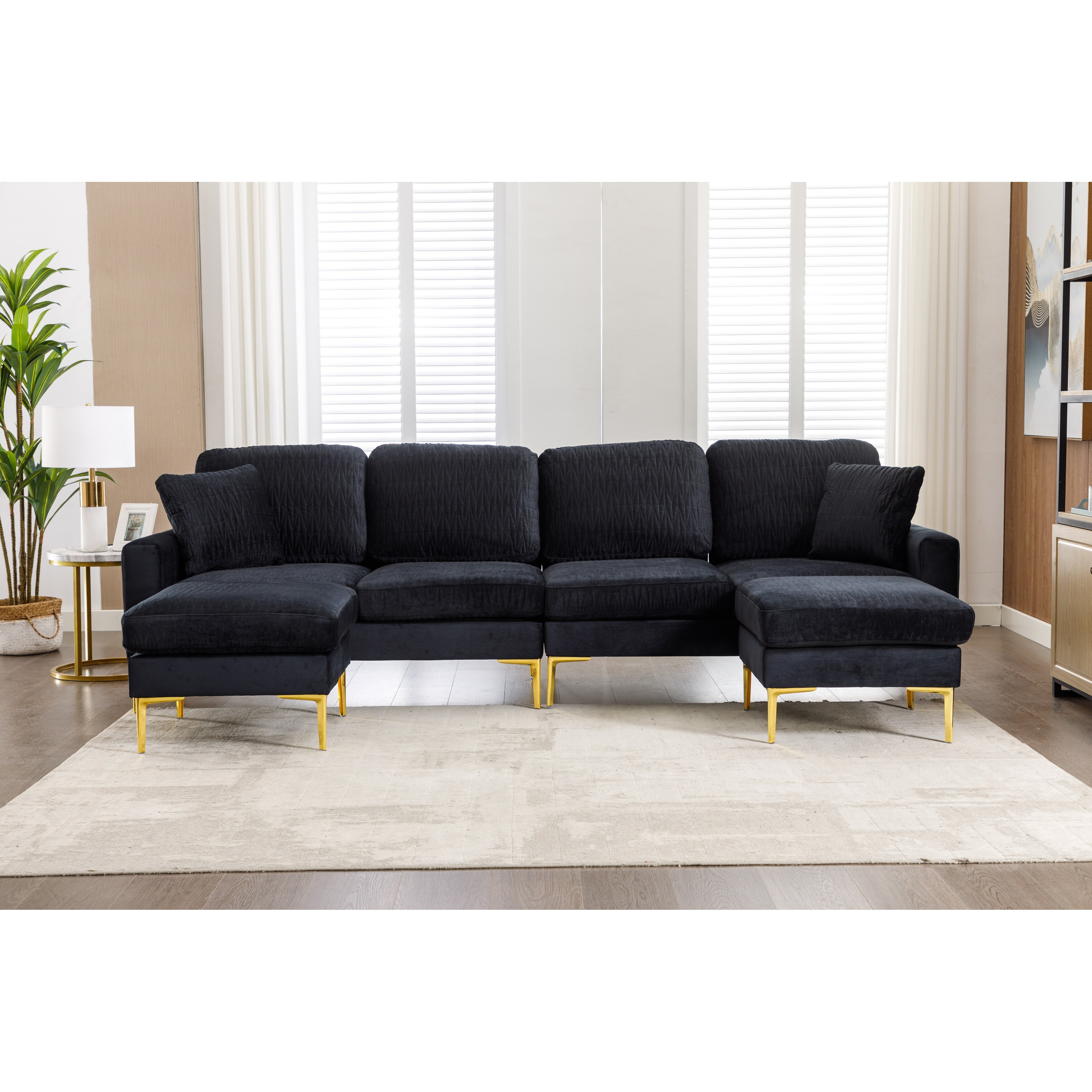 Black Velvet Sectional Sofa Accent Sofa with Ottaman Gold Legs