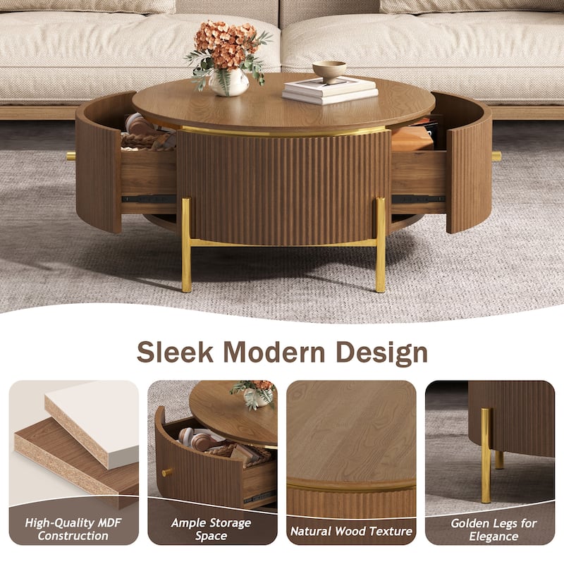 Modern Round Coffee Table with 2 large Drawers Storage Accent Table, Brown, 31.5"
