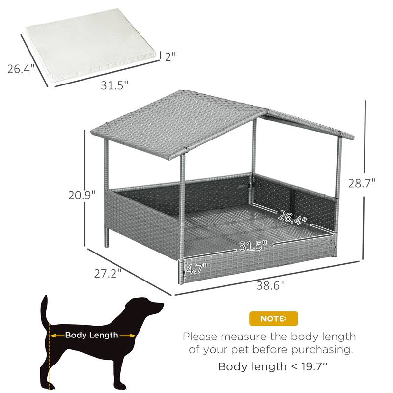 Wicker Dog House Outdoor with Canopy, Rattan Dog Bed with Water-resistant Cushion, for Small and Medium Dogs