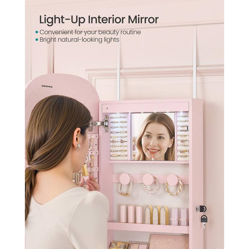 LED Jewelry Cabinet Wall/Door Mounted Jelly Pink Surface with Cream White Lining - Multi