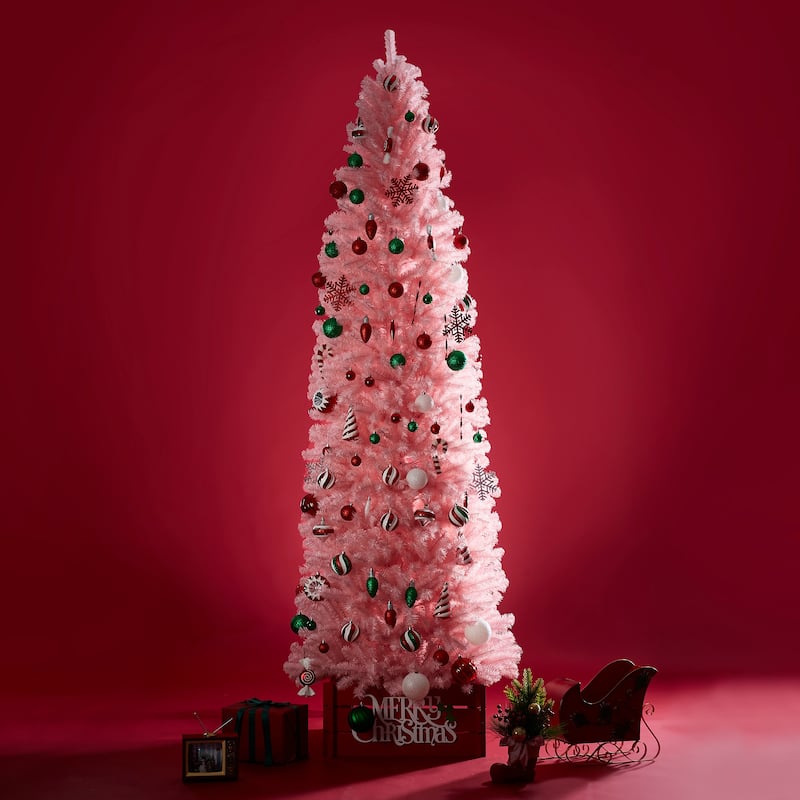 Glitzhome 7.5ft/9ft Shimmering Tinsel Pink Slim Pencil Fir Artificial Christmas Trees