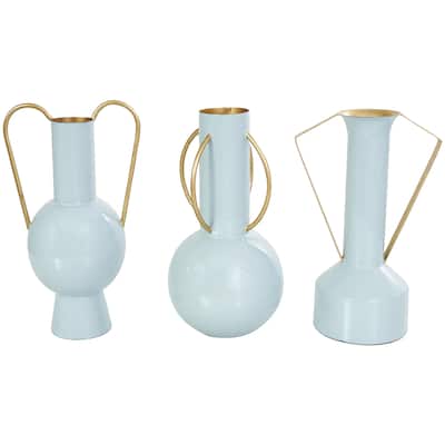 Metal Abstract Enameled Decorative Vase with Varying Shapes - Set of 3 Light Blue or Cream - CosmoLiving by Cosmopolitan