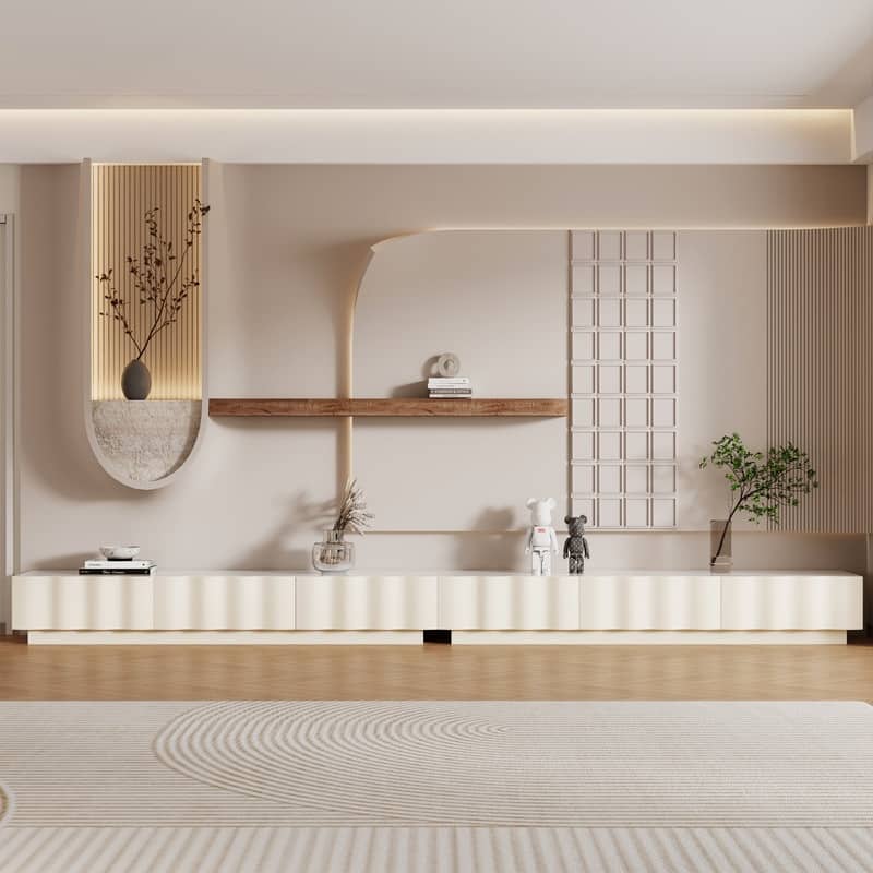 Modern Cream TV Stands with 3-6 Drawers, White Media Console with Glossy Sintered Stone Tabletop