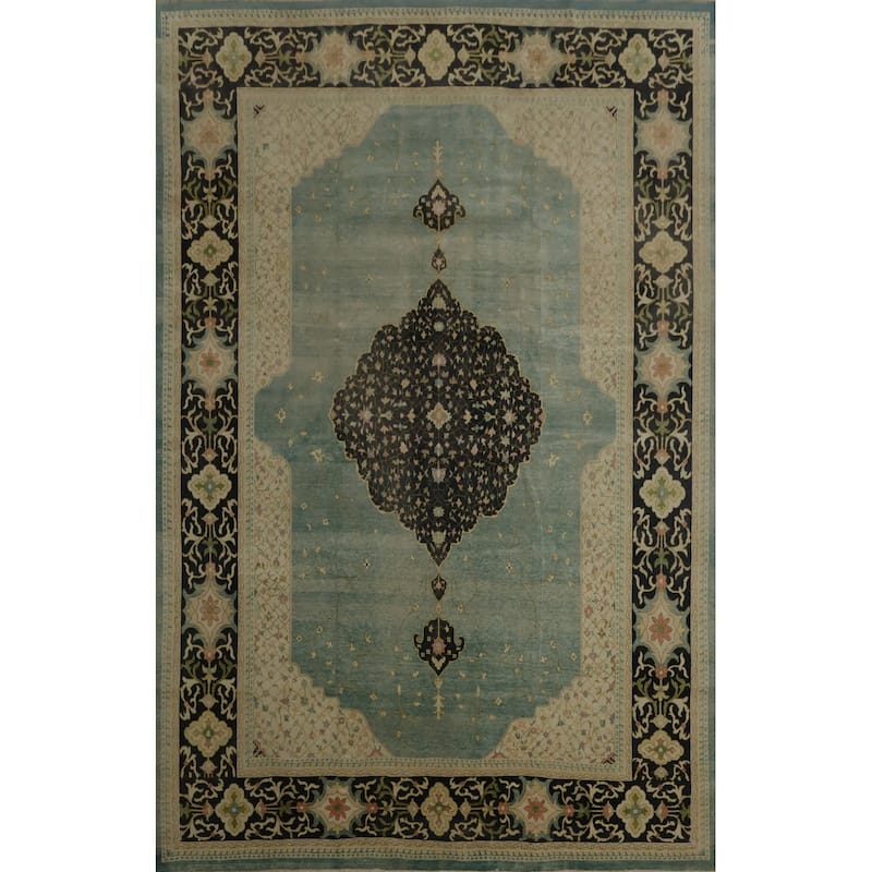 Hand Knotted Oriental 100% Wool Carpet Transitional Floral Navy Blue & Blues Oushak Area Rug - 12' 10'' X 9' 8''