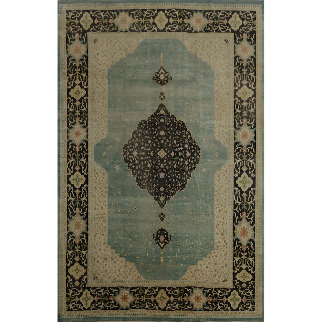 Hand Knotted Oriental 100% Wool Carpet Transitional Floral Navy Blue & Blues Oushak Area Rug - 12' 10'' X 9' 8''