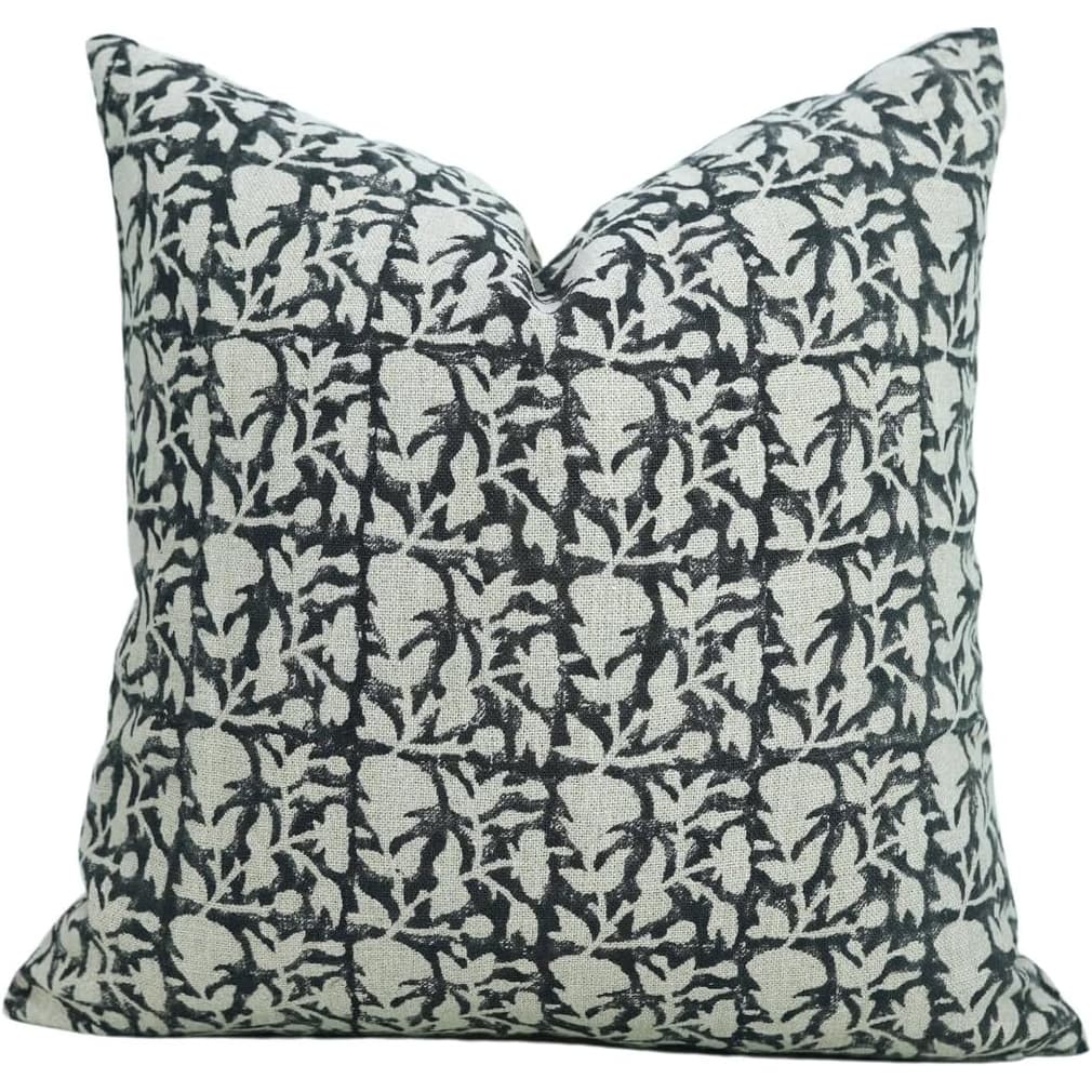 Linen Farmhouse Block print pillow Cover - Midnight