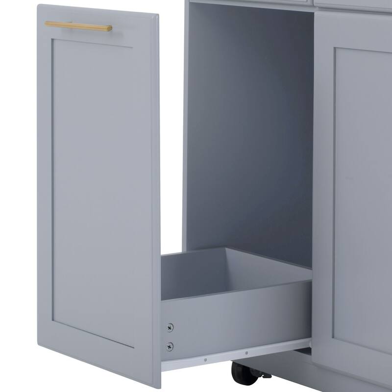 Rolling Kitchen Island Cart with 2 Pull Out Cabinet Organizers, Drop Leaf, Trash Can Storage, Power Outlet, Spice, Towel Rack