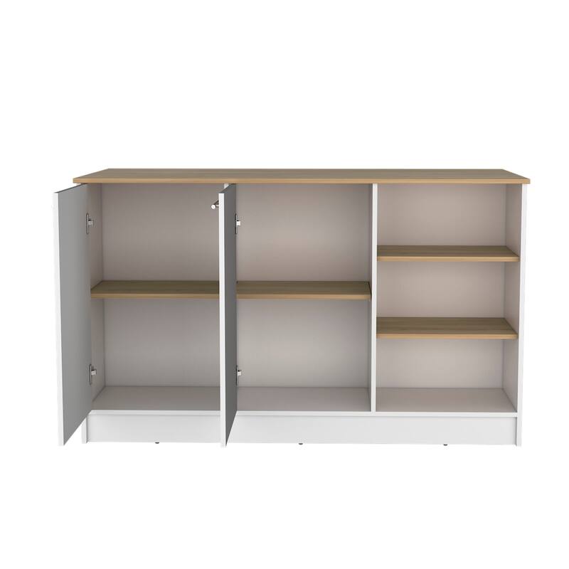 Kitchen Island Two Cabinets, Three Open Shelves, White / Natural Oak