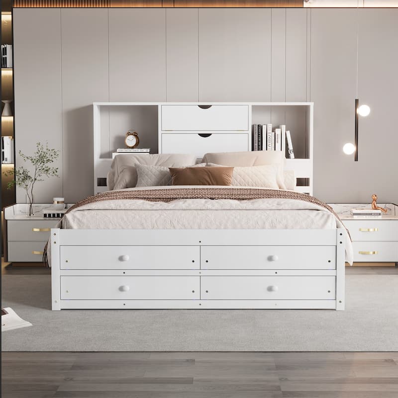 Queen Size Platform Bed with Storage Headboard and 8 Drawers