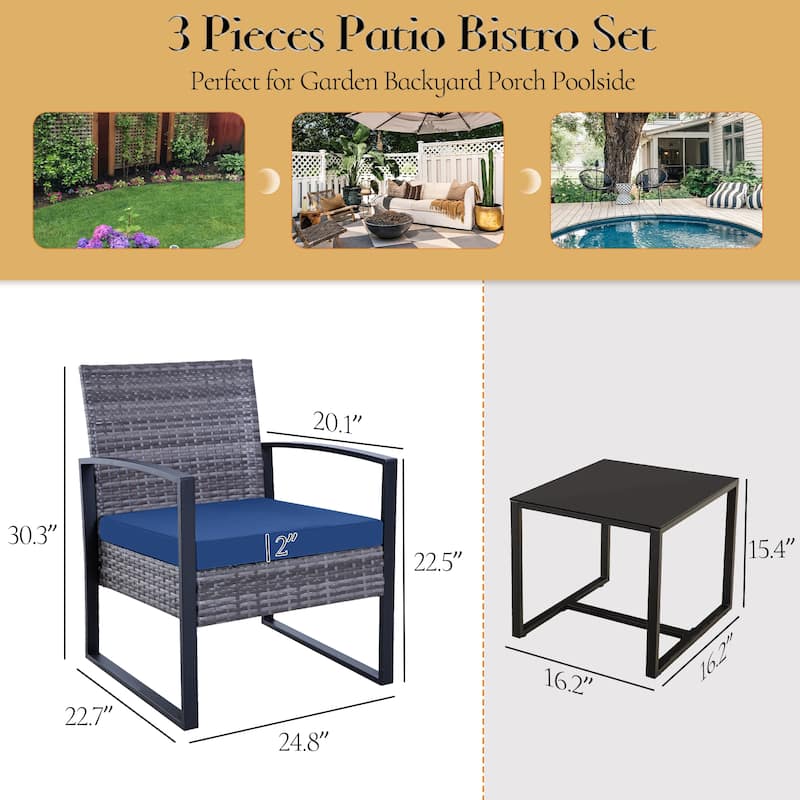 3 Piece Outdoor PE Wicker Furniture Set, Patio Brown Rattan Sectional Sofa Couch with Washable Cushions