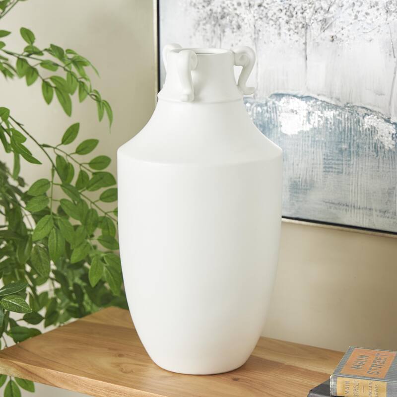 White Ceramic Sleek Amphora Decorative Vase with Scroll Handles - White