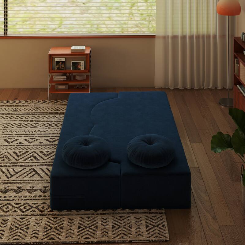 Modern 2-Seater Sofa Multi-Functional Folding Sofa Bed with Pillow, Curved Armrest, for Living Room, Apartment, Blue