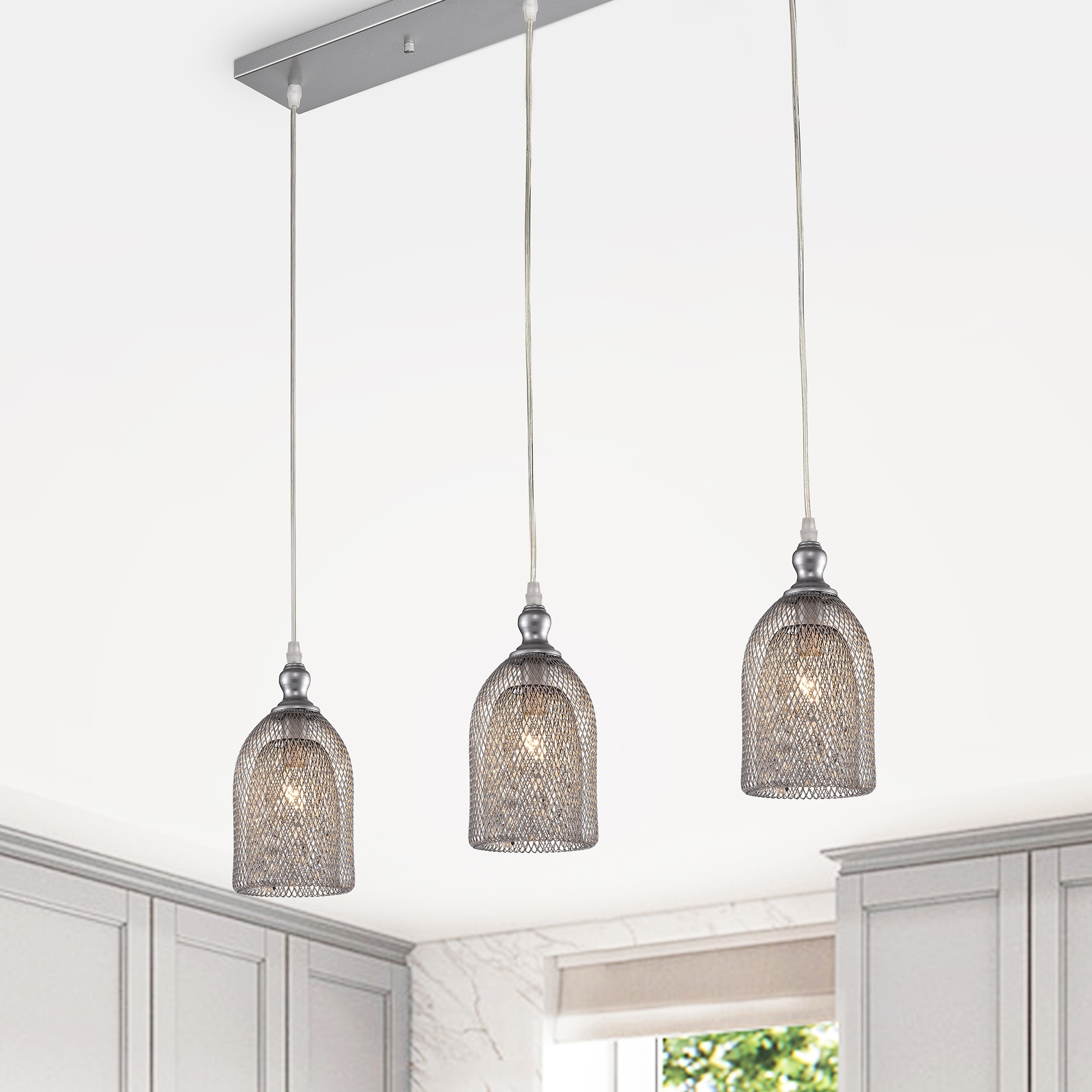 Warehouse of Tiffany Emili Silver 3-Light Metal Bell Shades Linear Pendant Light with Clear Crystals Design