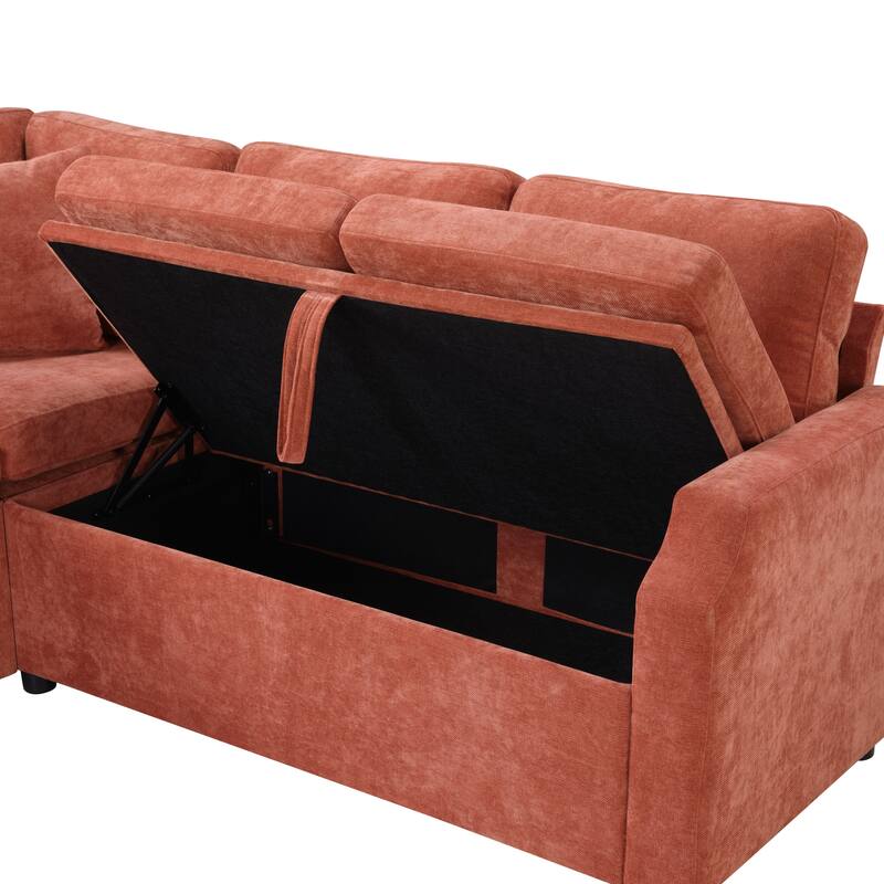 L-Shaped Sectional Sofa Bed, Chenille Upholstered Sleeper Sofa with Hidden Storage Compartment, 4 Seater Corner Sectional Sofa