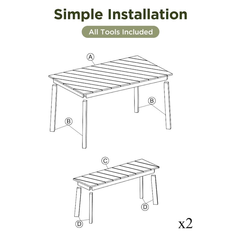 3 Pieces Acacia Wood Table Bench Dining Set for Patio, Porch, Garden, Poolside