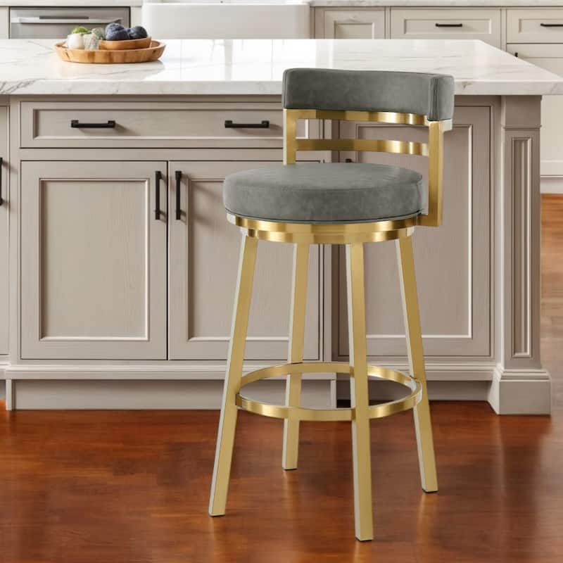 HomeRoots 26" Gray and Gold Faux Leather and Stainless Steel Low Back Counter Height Swivel Bar Chair - Counter Height - Single - Gray