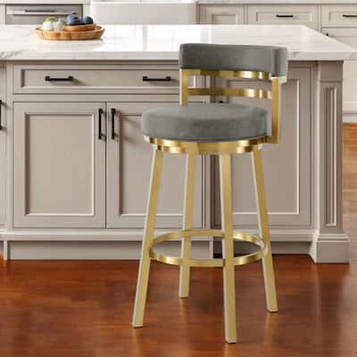 HomeRoots 26" Gray and Gold Faux Leather and Stainless Steel Low Back Counter Height Swivel Bar Chair