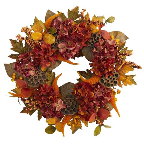 Fall Hydrangea Lotus Berries Artificial Floral Wreath Red Brown 24"