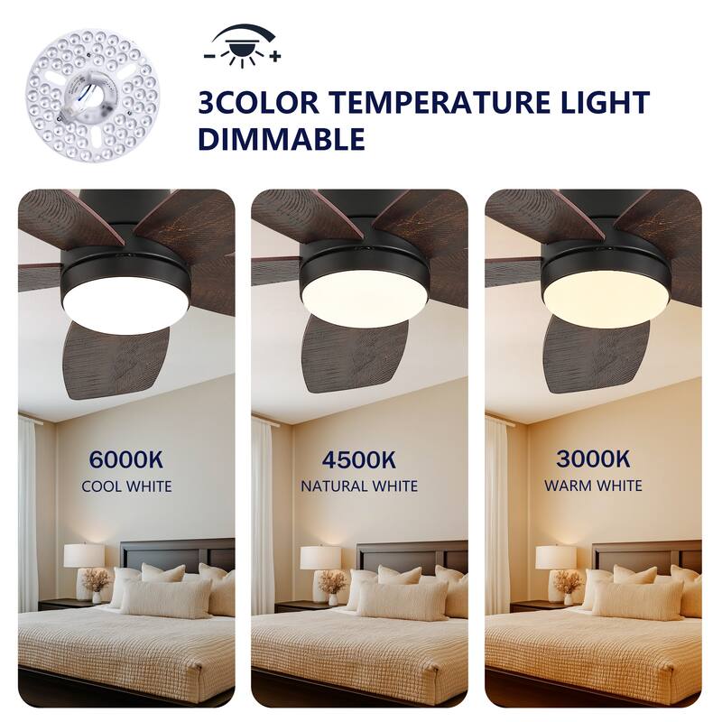 32-inch Low-Profile Ceiling Fan with Light and Remote Control, Dimmable Quiet DC Motor - Black + Dark Walnut