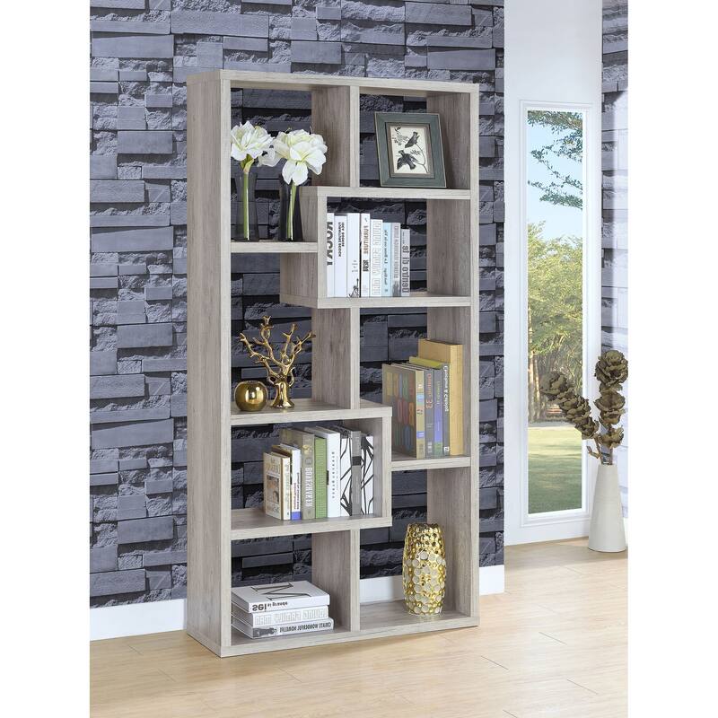 Sturdy Geometric Bookcase with Abundant Shelves for Versatile Storage - Driftwood and Grey