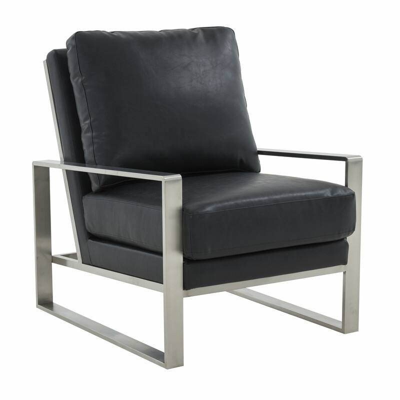 Jefferson Contemporary Leather Accent Armchair with Silver or Gold Frame, Removable Cushions, and Durable Spring-Supported Seat - Silver - Black