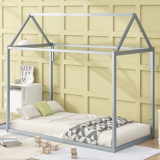 Twin Metal House Shape Platform Kids Bed Frame, Sturdy Construction, Easy to Assemble, Modern Design for Bedroom, Silver