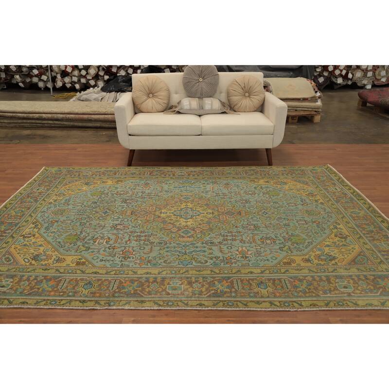Hand Knotted Oriental 100% Wool Carpet Traditional Floral Navy Blue & Blues Tabriz Area Rug - 9' 6'' X 6' 6''