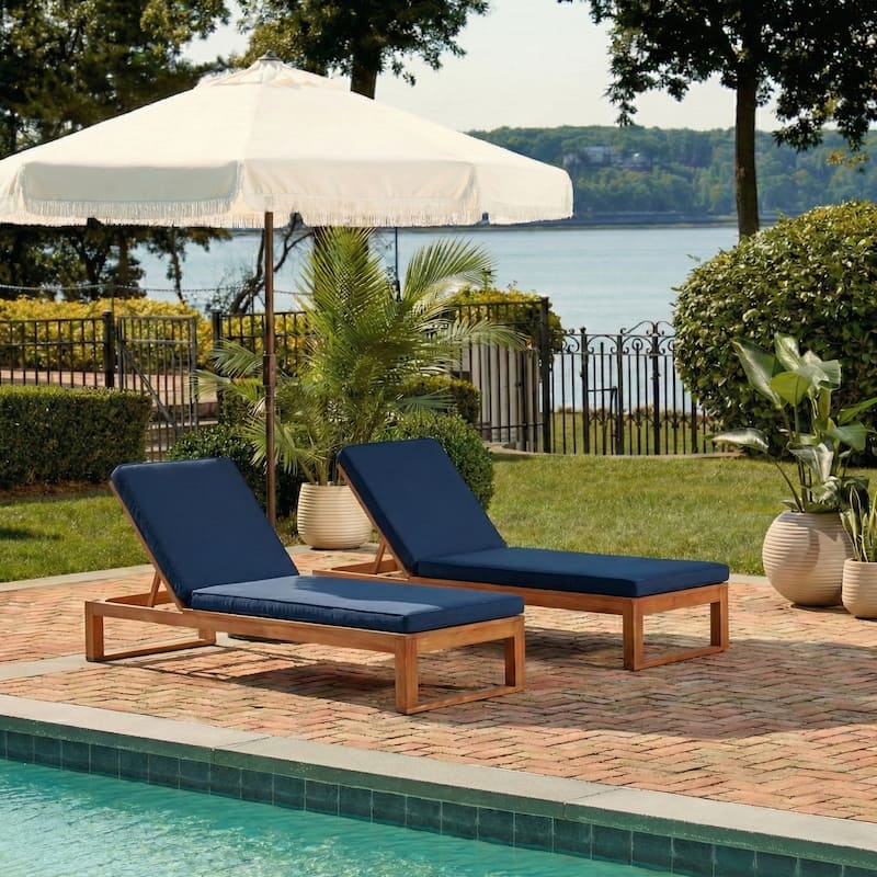 SAFAVIEH Outdoor Kaliyah Solid Wood Chaise Lounge Chair - 25Wx81Dx37H - Navy/Natural