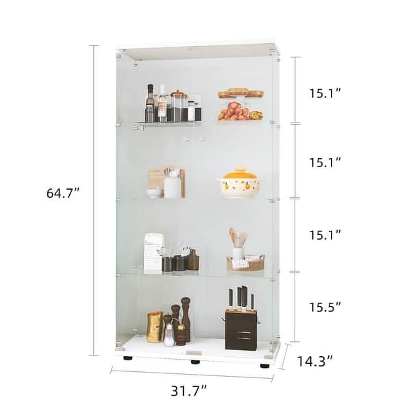 dimension image slide 19 of 24, Glass Display Cabinet with Doors & Locks, Acrylic Shelves, Floor Standing Storage Showcase for Home or Office