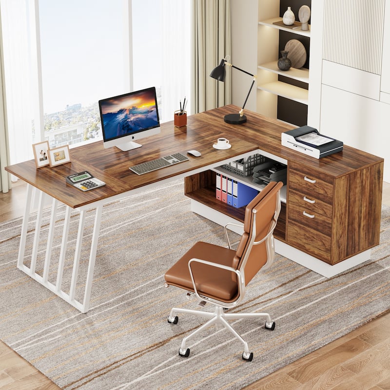 71 Inch Modern Executive Desk, L-Shaped Desk with Cabinet,Brown and White