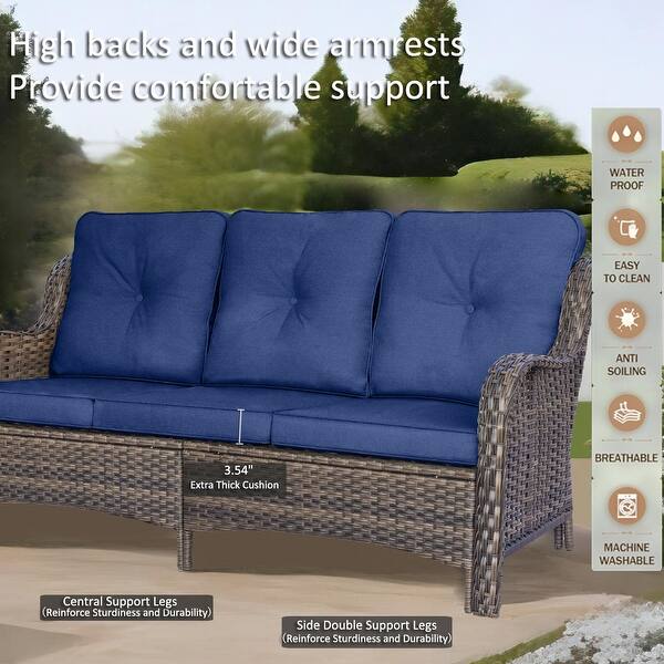 dimension image slide 3 of 4, High Back Brown Wicker Outdoor Patio Conversation Sets with Swivel Chairs